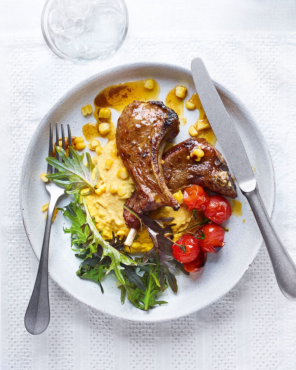 Lamb Chops with Hummus and Grilled Tomatoes (15 Serves)